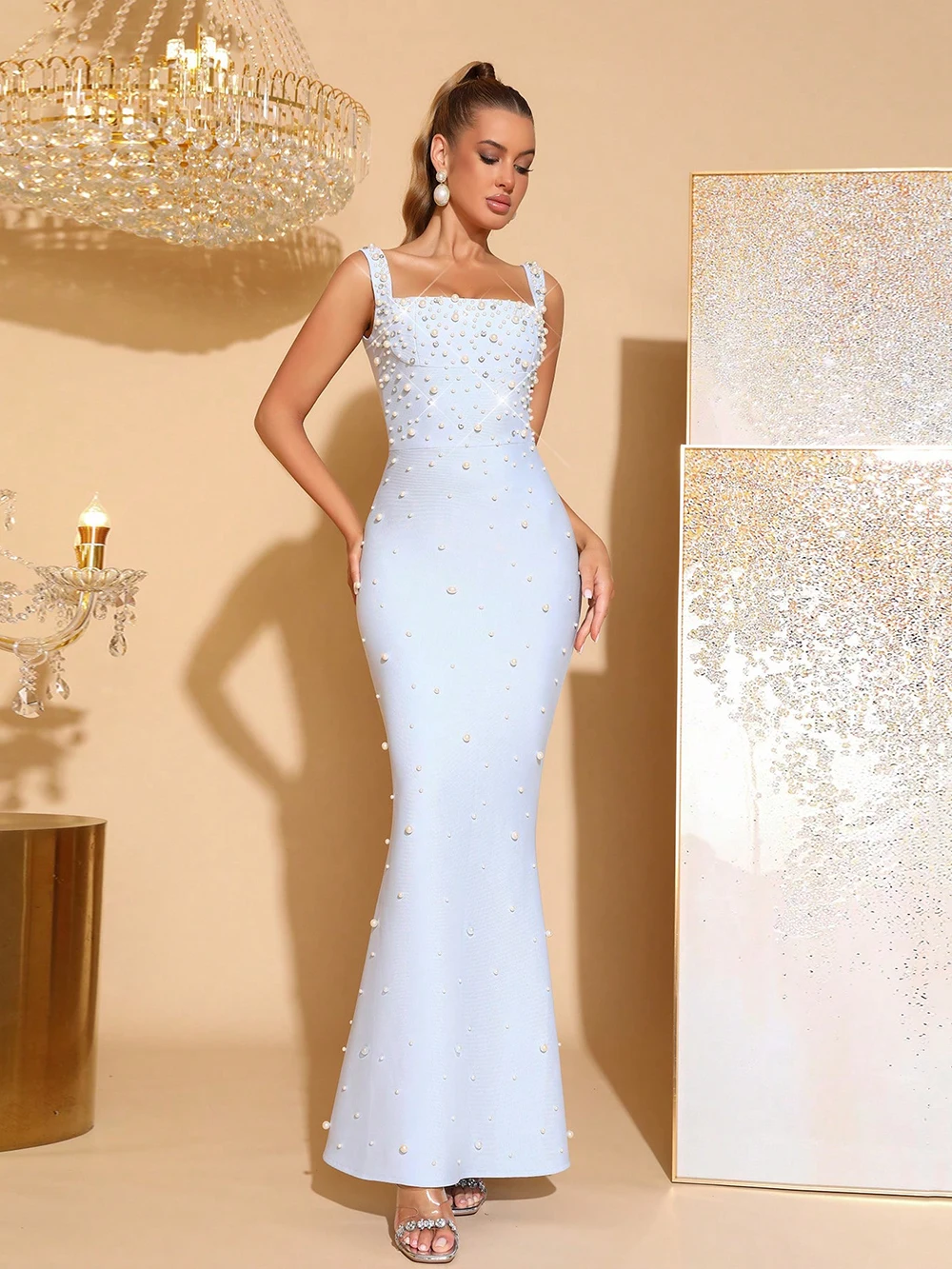 Modphy Sexy Elegant Spaghetti Strap Maxi Bodycon Dress Pearl Beading Embellished Bandage Long Dress Evening Cocktail Gowns