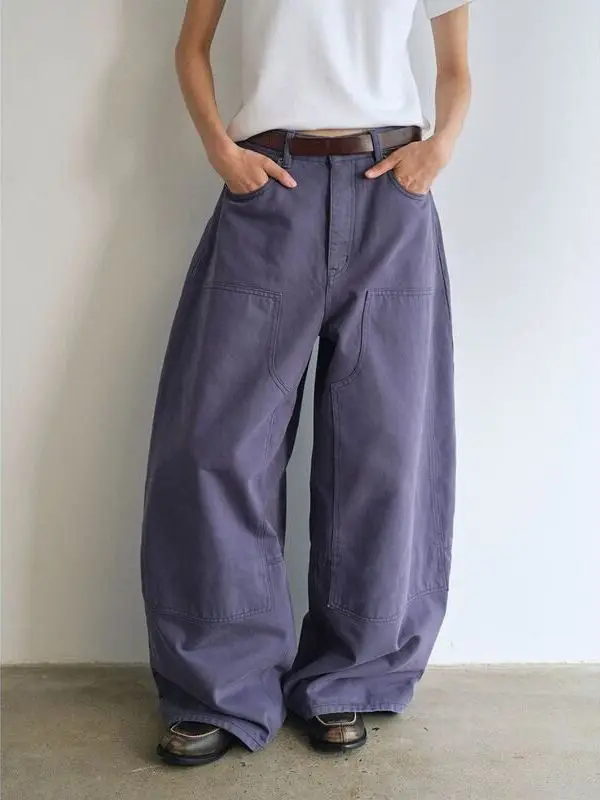 

Waed September Loose Wide Leg Jeans Wood Cutting on ape Wear Resistant l Waist Cotton Blend Trendy Jeans