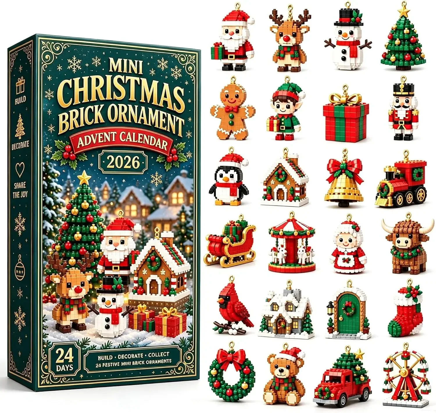 24-Day Mini Christmas Brick Ornament Advent Calendar,Unique Designs, Buildable Bricks, Hanging Loops Included, Holiday Countdown