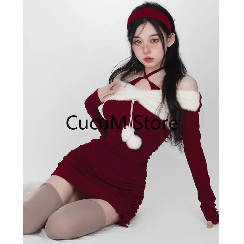 2023 Autumn Red Tight Dress Women Hanging Neck Strap Off Shoulder Hotsweet Slim Sexy Pure Desire Christmas Hip Wrap Skirt Chic