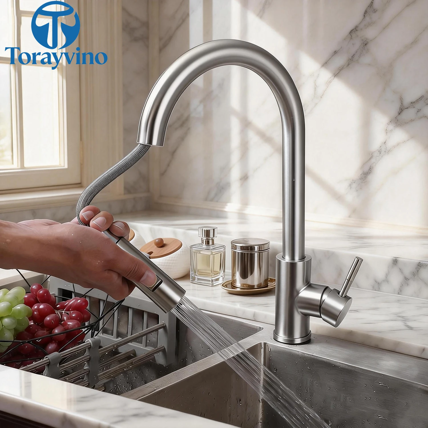 

Torayvino Golden Brushed Kitchen Sink Faucet Rainfall and Stream Pull Out Style Single Handle Hot Cold Water Mixer Taps Faucets