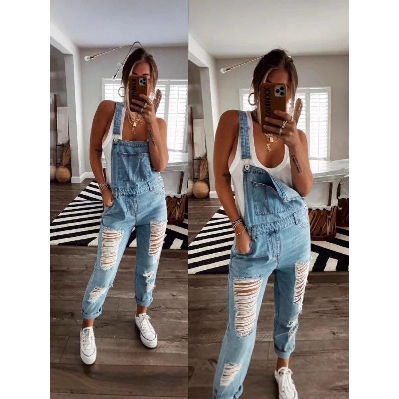 

Cross-border European and American AmazonWishRipped fashion one-piece denim overalls with slim legs Factory direct sales