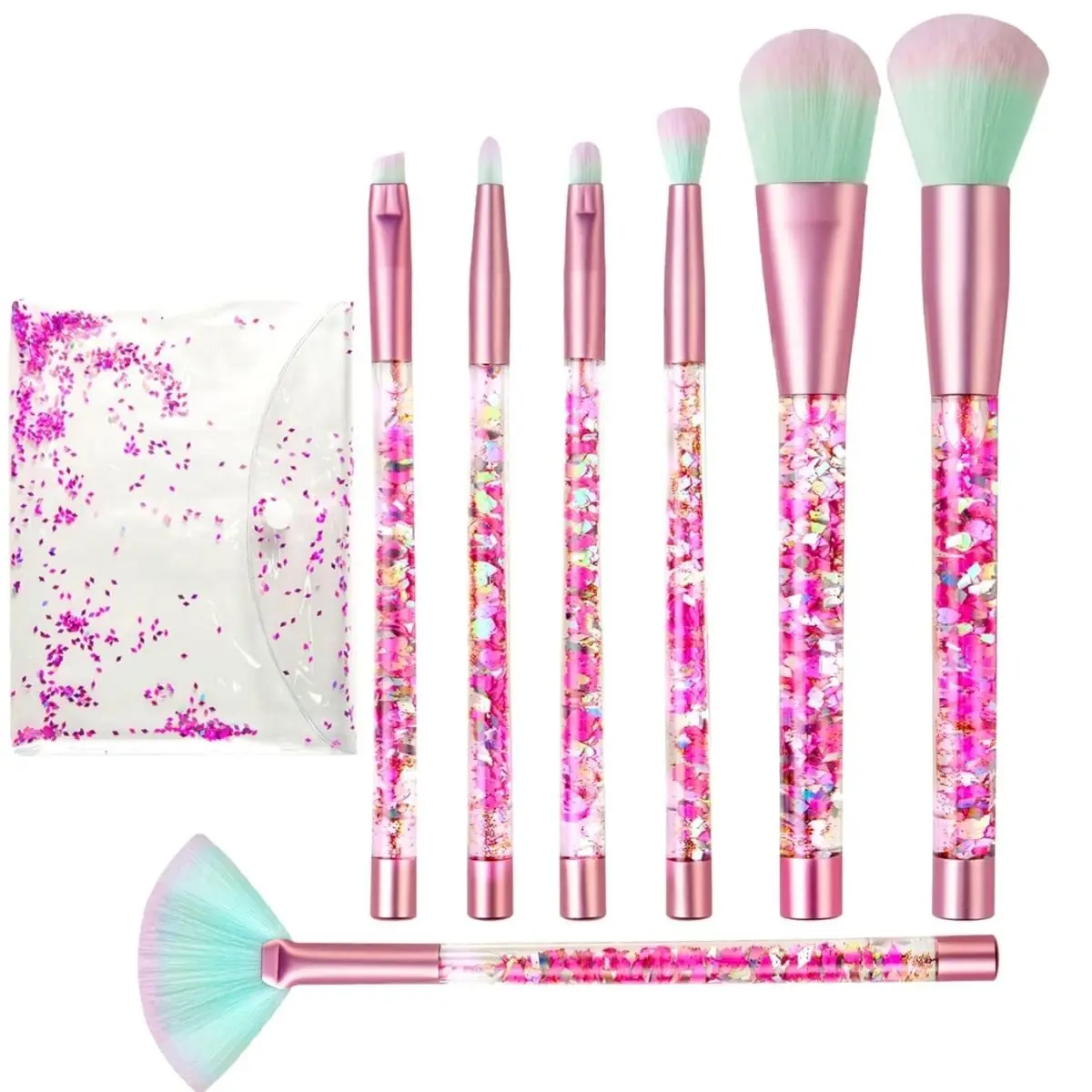 Ensemble de pinceaux de maquillage rose pailleté pour poudre, blush, lèvres, highlighter, fard à paupières et sourcils