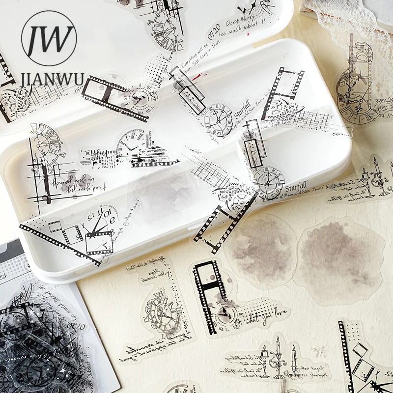 JIANWU Poetry Ink Stain Series Vintage Plant Butterfly Border Landscape Material Collage PET Sticker Creative Journal Stationery