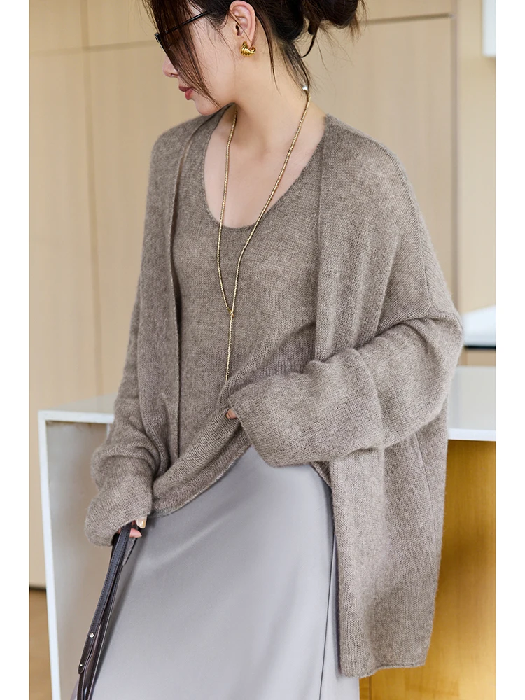 

Ningxia jian Lazy Air Feel Baby Camere Silk Loose Knitted Cardigan Vest Two-Piece Set Casual Sle Long Sve V-Ne Lad...