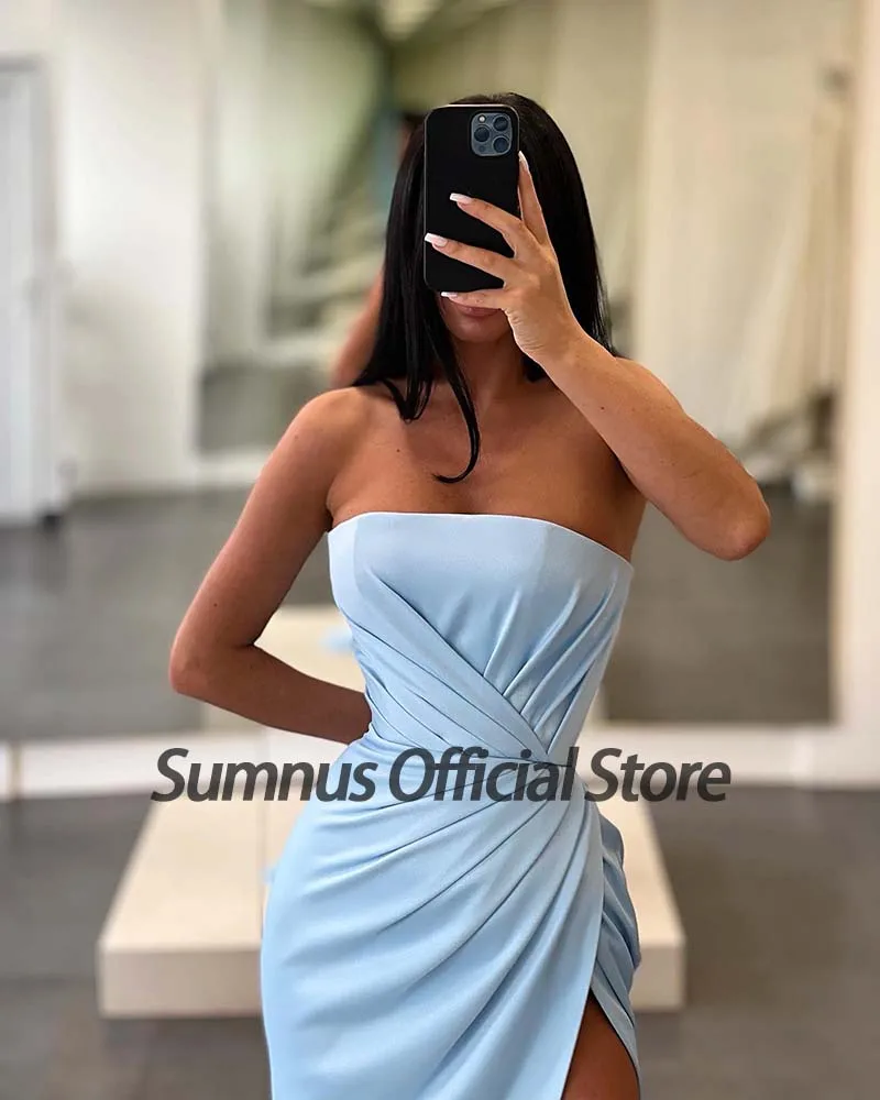 Sumnus Sky Blue Satin Prom Dress Strapless Pleats Side Split Party Jurken Sexy Vrouwen Avondfeest Jassen Vestidos De Fiesta