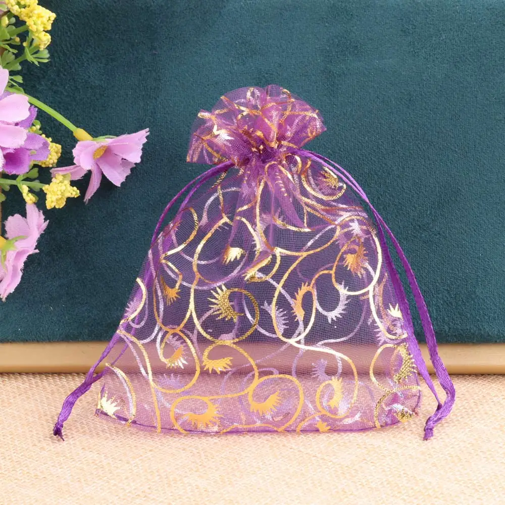 Bolsa de Organza de malla con estampado de pestañas doradas, bolsa con cordón para joyería de regalo, 9x12cm, 50 unidades por lote