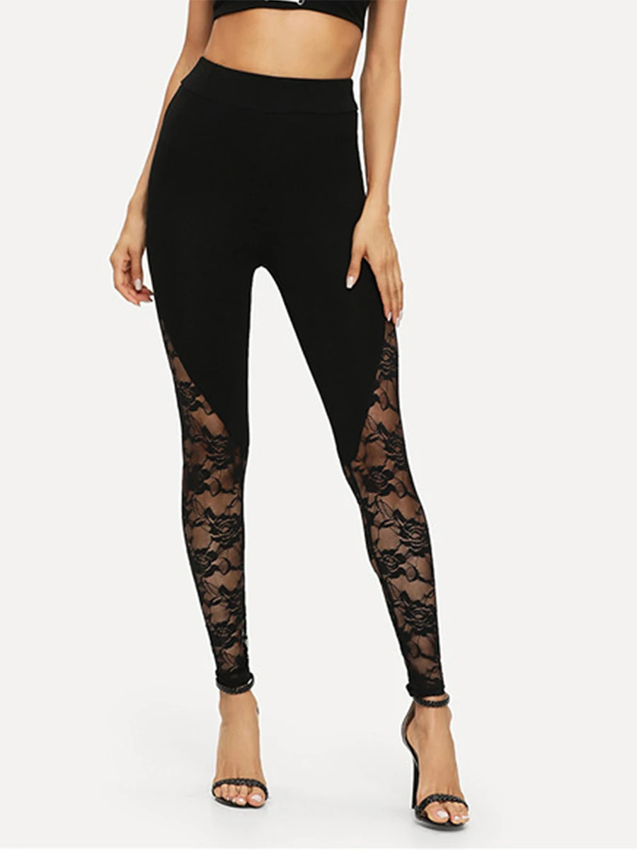 Sexy High-Waist Black Lace Tight Pencil Pants Women Ladies Patchwork Floral Lace Side Panels Hollow Black Tights  S M L XL 2XL