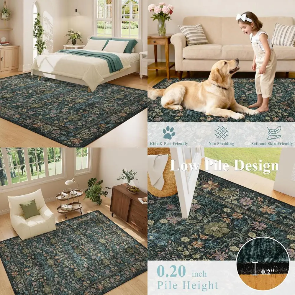 

Floral 5x7 Rugs - Washable, Non-Slip Backing for Bedrooms, Living Spaces, and Home Offices in Vintage Low Pile Style, Blue