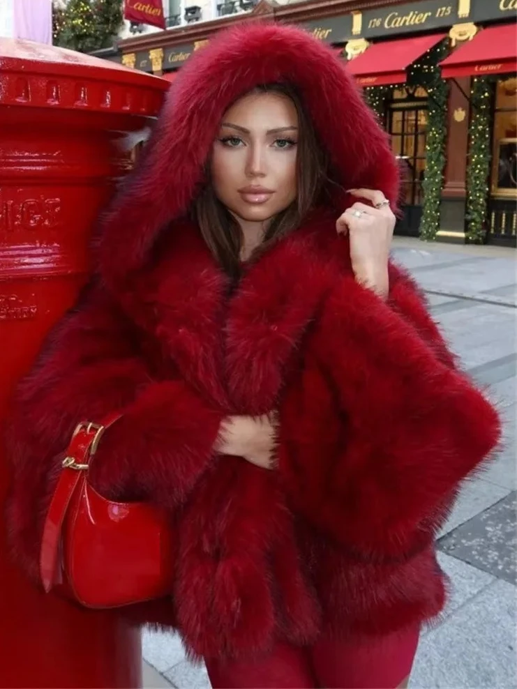 

2026 New Women's Fur Feather Hooded Coat Loose Warm Fluffy Sexy Streetwear Winter Overcoat