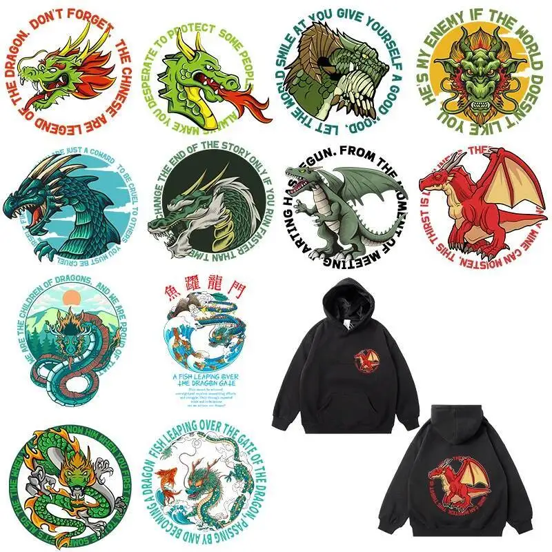 DTF Oriental And westward Dragon Stripes Heat Transfer Stickers Appliques on Clothes Thermoadhesive Iron on Patches custom Patch