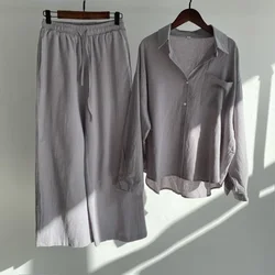 Women's Spring New Two-piece Set Solid Color Vintage Large Size Cotton Linen Shirt + High Waist Loose Long Pants Suit Y2k Set