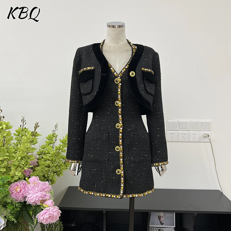 KBQ Solid Patchwork Diamonds Two Piece Set For Women V Neck Sleeveless Spliced Button Dress Long Sleeve Coat Elegant Sets New