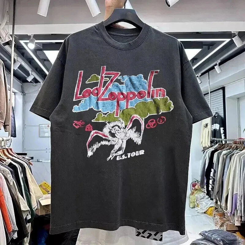 Men's Summer Vintage Led Zeppelin T-Shirt Cotton and Breathable Tee Men's Round Neck Streetwear Oversized Short Sleeve