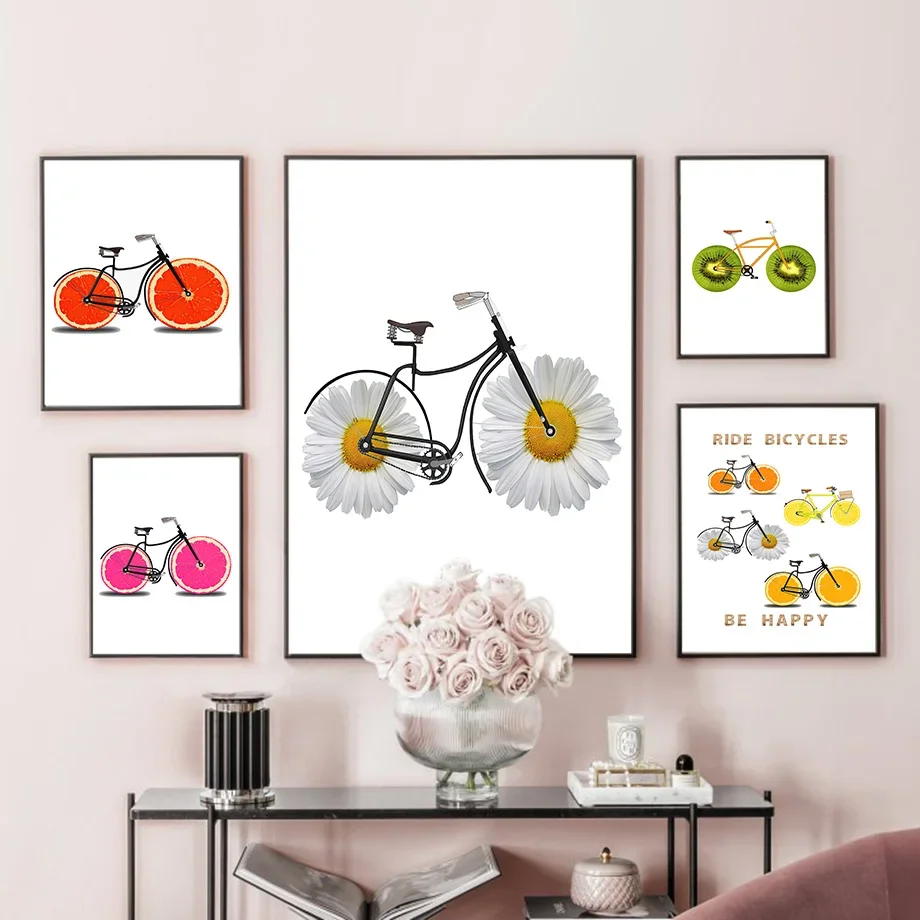 Fruit Citrus Daisy Lemon Berries Kiwi Bicycle Wall Art Canvas Painting Nordic Posters And Prints Wall Pictures For Kitchen Decor