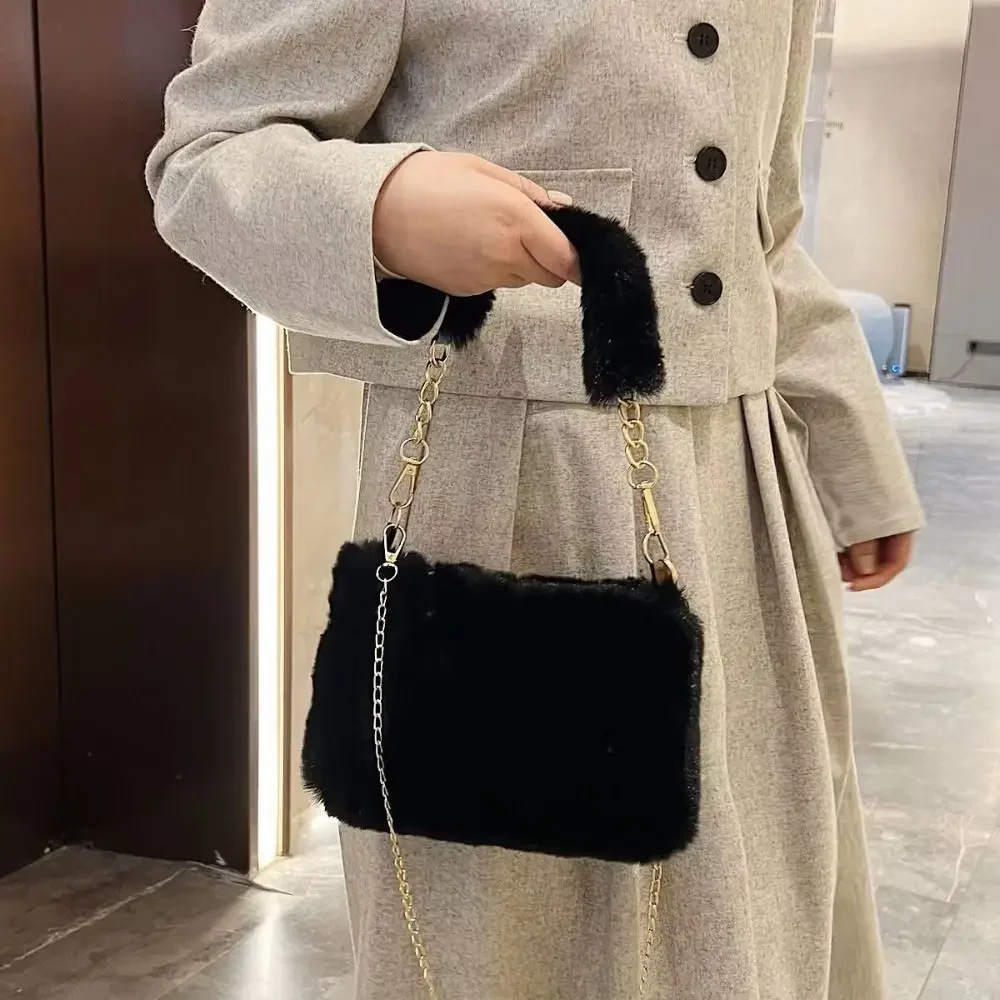 

New Style Soft Fluffy Shoulder Bags Solid Color Chain Strap Handle Bag Handle Tote Bags Ladies Fashion