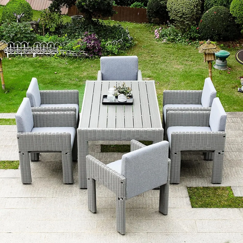 

7 Piece Patio Dining Set, with Large Table, PE Wicker Patio Dining Set of 6, Outdoor Table and Chairs for Garden, Yard, Backyard