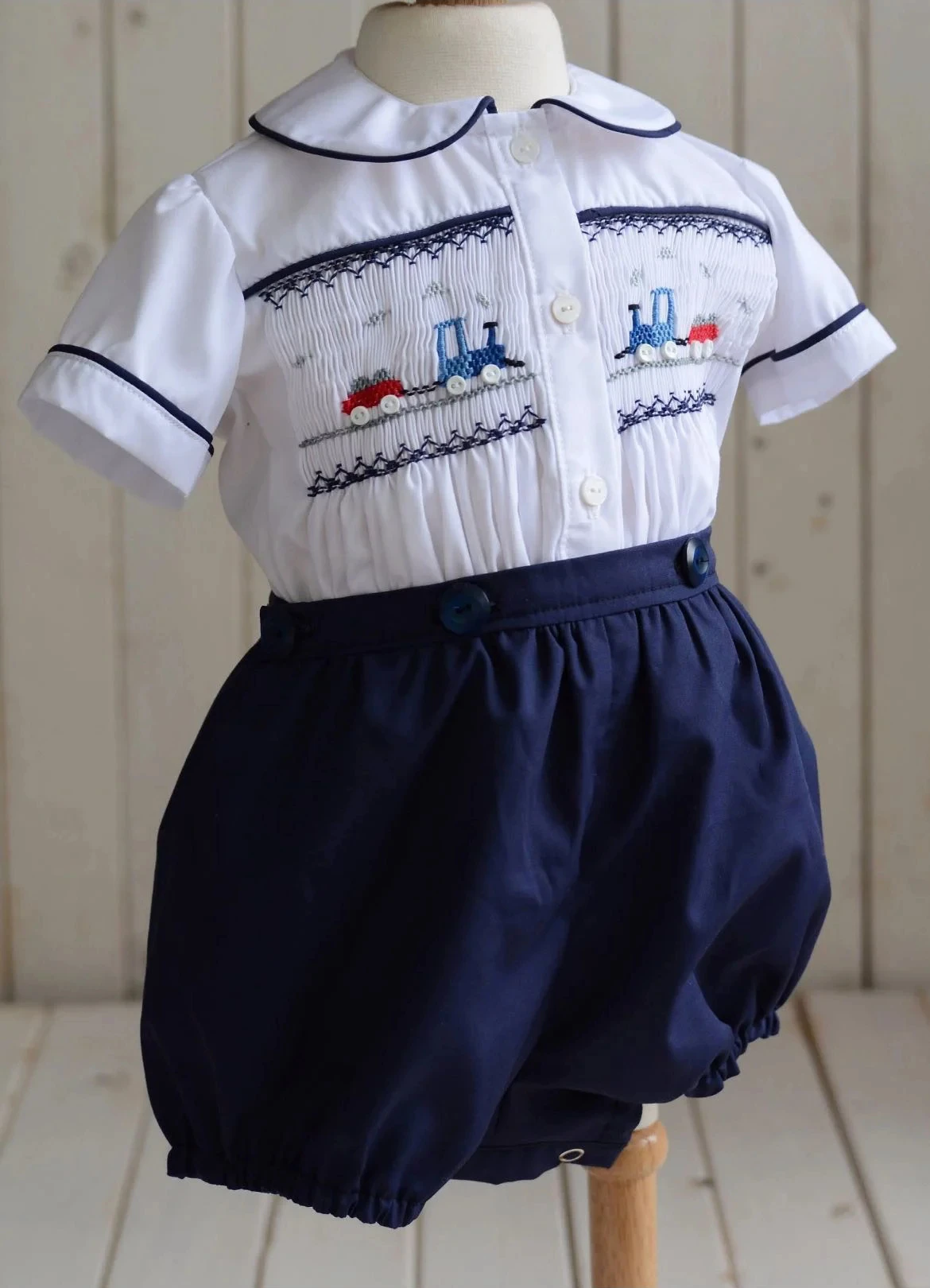 

0-3Y Boy Summer Navy Blue Train Smocked Outfit Suit