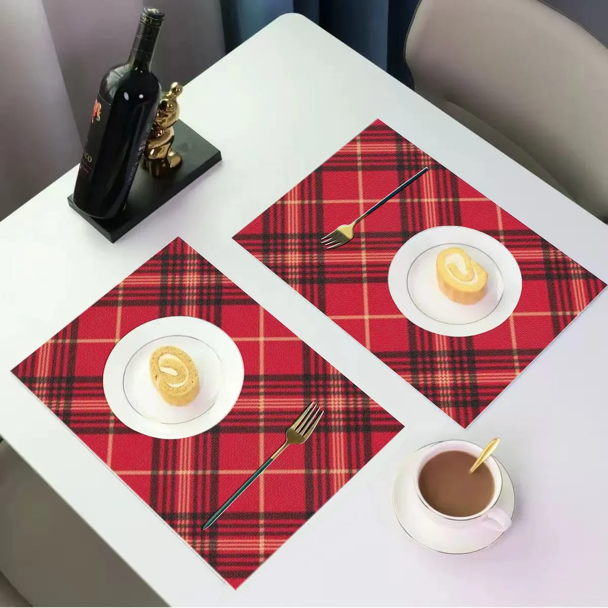 Classic Red Black Tartan Placemats Traditional Scottish Plaid Table Mat Waterproof Washable Holiday Farmhouse Dining Decor view 4