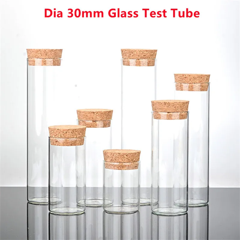 200 pièces Dia30mm 50ml 60ml Tube à essai en verre avec bouchon en liège clair plat Mini bouteilles en verre pots pour cadeaux de fête, bonbons, épices