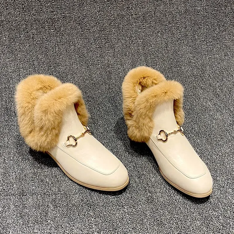 

Microfiber Leather Metal Buckle Short Plush Slip On Shoes Christmas Wild Fashion Mid Heel Boots Pointed Toe Women Ankle Boots