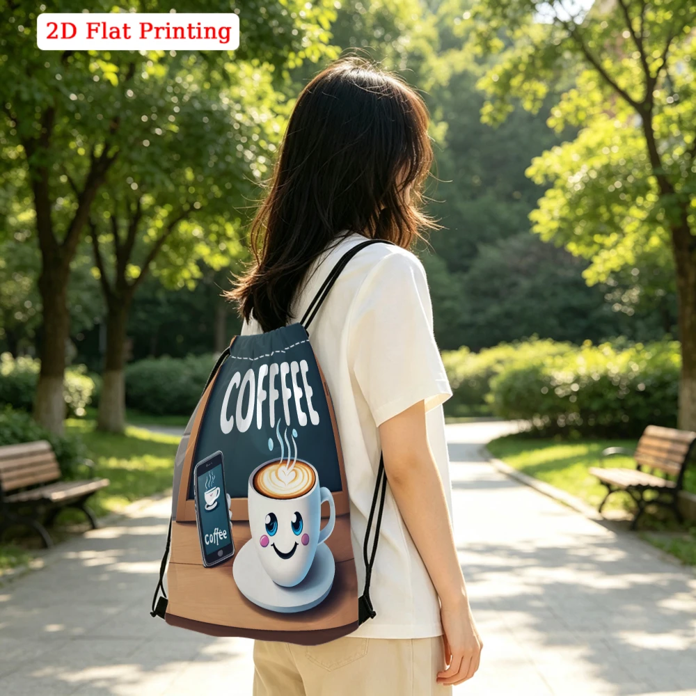 Cute Cartoon Style, Drawstring Backpack, 2D Flat Printing Coffee Cup Pattern, Fitness Sports Bag, Outdoor Travel Drawstring Pack