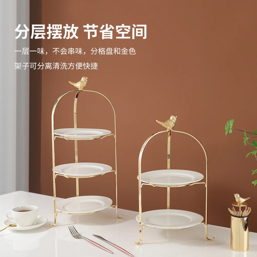 European Chinese and Western food light  gold ceramic cake dessert fruit plate wedding photography props snack rack 2 laye