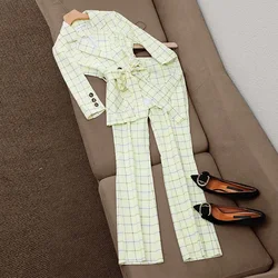 Women Elegant Plaid Suit Jacket Coat Top And Long Pant Two Piece Set Matching Outfit Office Ladies High Quality Clothing 2023