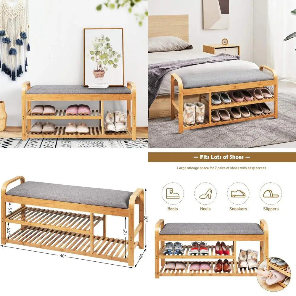 

3-Tier Bamboo Shoe Storage Bench with Cushion, Modern Entryway Furniture for Bedroom and Living Room, Holds Up to 330 LBS