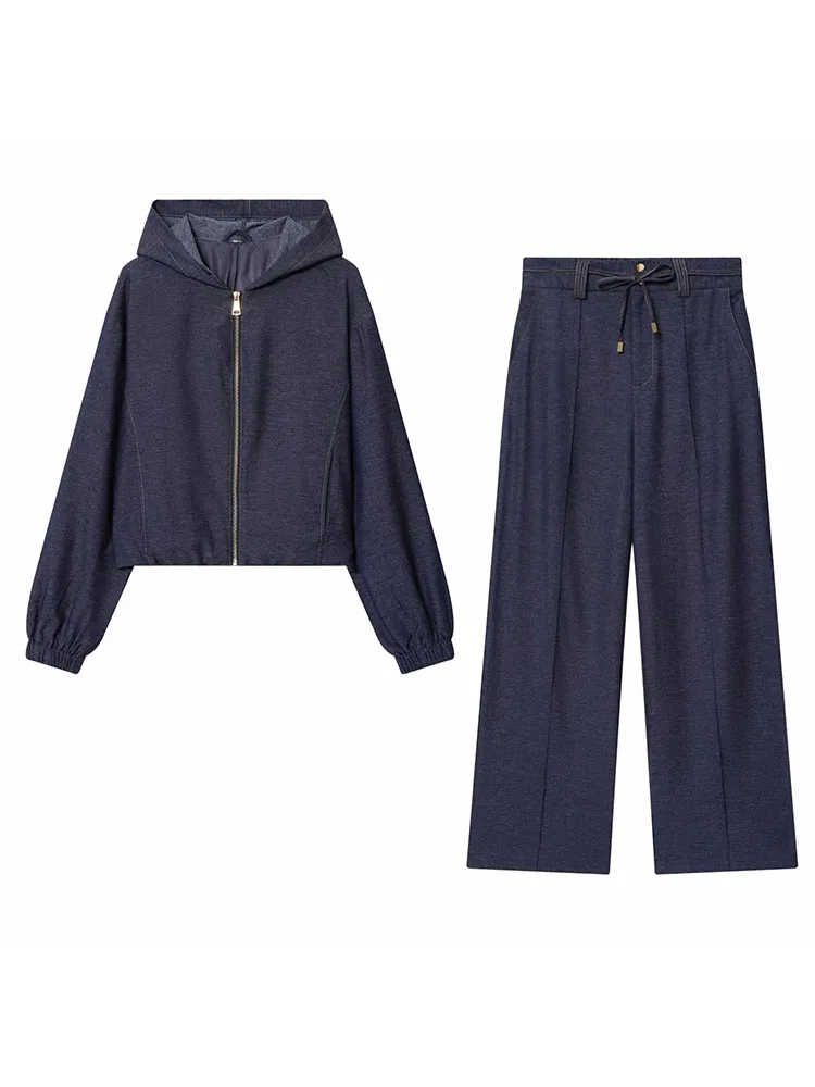 المرأة 2025 شيك الصلبة الشارع الشهير رداء غير رسمية سستة مقنعين سترة بوليت الرباط السراويل الطويلة موضة أنيقة معطف الإناث مجموعة