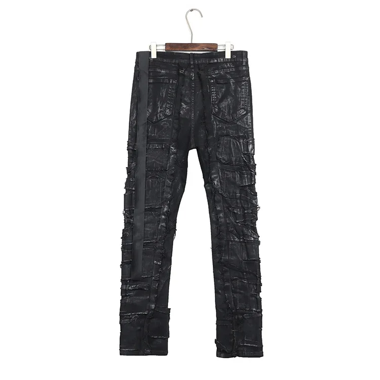 Dark Style RO High Street Denim Pants Men's Coating Brush Wax One Knife Cutting Erosion High Street Casual Ripped Jeans Pant