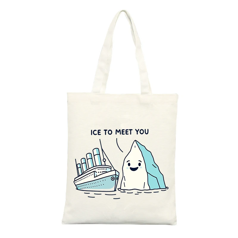 Canvas Tote Bag with Ship and Iceberg Graphic, Casual Style for Daily Shopping and Outings