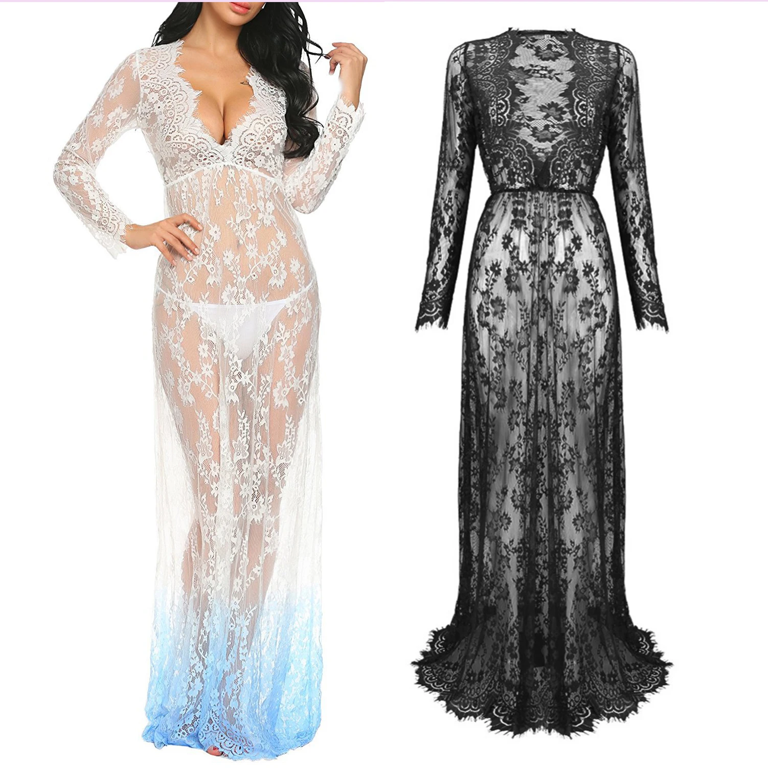 Summer Vintage Women Sexy Maxi Dress Long Sleeve Deep V Neck Photography Prop Gown See Through White Lace Beach Dress