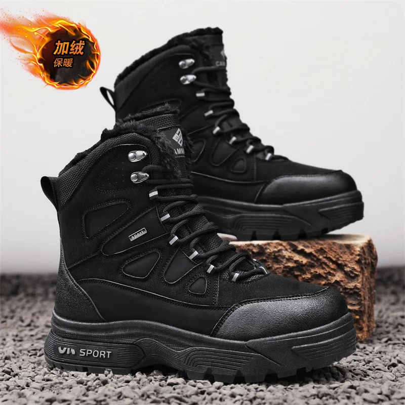 Zimowe męskie buty 2025 Nowe wysokie buty ocieplane bawełną, pluszowe, ciepłe śniegowce, antypoślizgowe buty trekkingowe dla mężczyzn, zimowe wysokie sneakersy