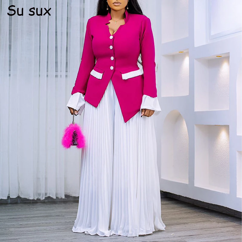 

Pleated Wide Leg Pant Sets 2 Piece Women 2025 Autumn Elegant Flare Sleeve Patchwork Tops Matching Sets Vestidos Femme Streetwear