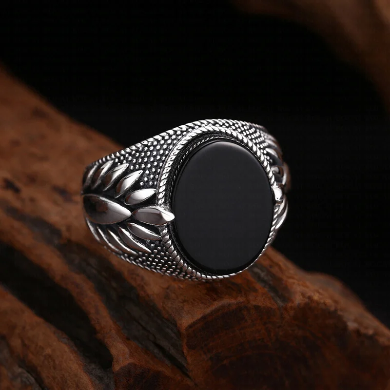 BOCAI S925 Sterling Silver Charms Rings for Men Retro Sunflower Pattern Inlaid Black Agate New Fashion Punk Jewelry ﻿Wholesale