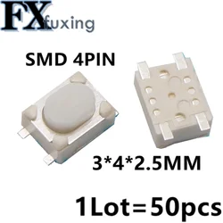 50PCS SMD 4Pin 3X4X2.5MM White Tactile Tact Push Button Micro Switch Momentary 3*4*2.5 mm