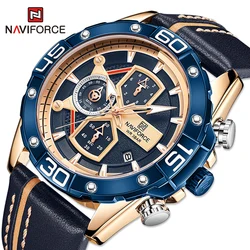 NAVIFORCE-reloj deportivo de lujo para hombre, cronógrafo de pulsera de cuero genuino militar, azul de marca, a la moda，hombre，relojes para hombre，relojes，rrelojes de cuarzo para hombre，relojes analógicos para hombre