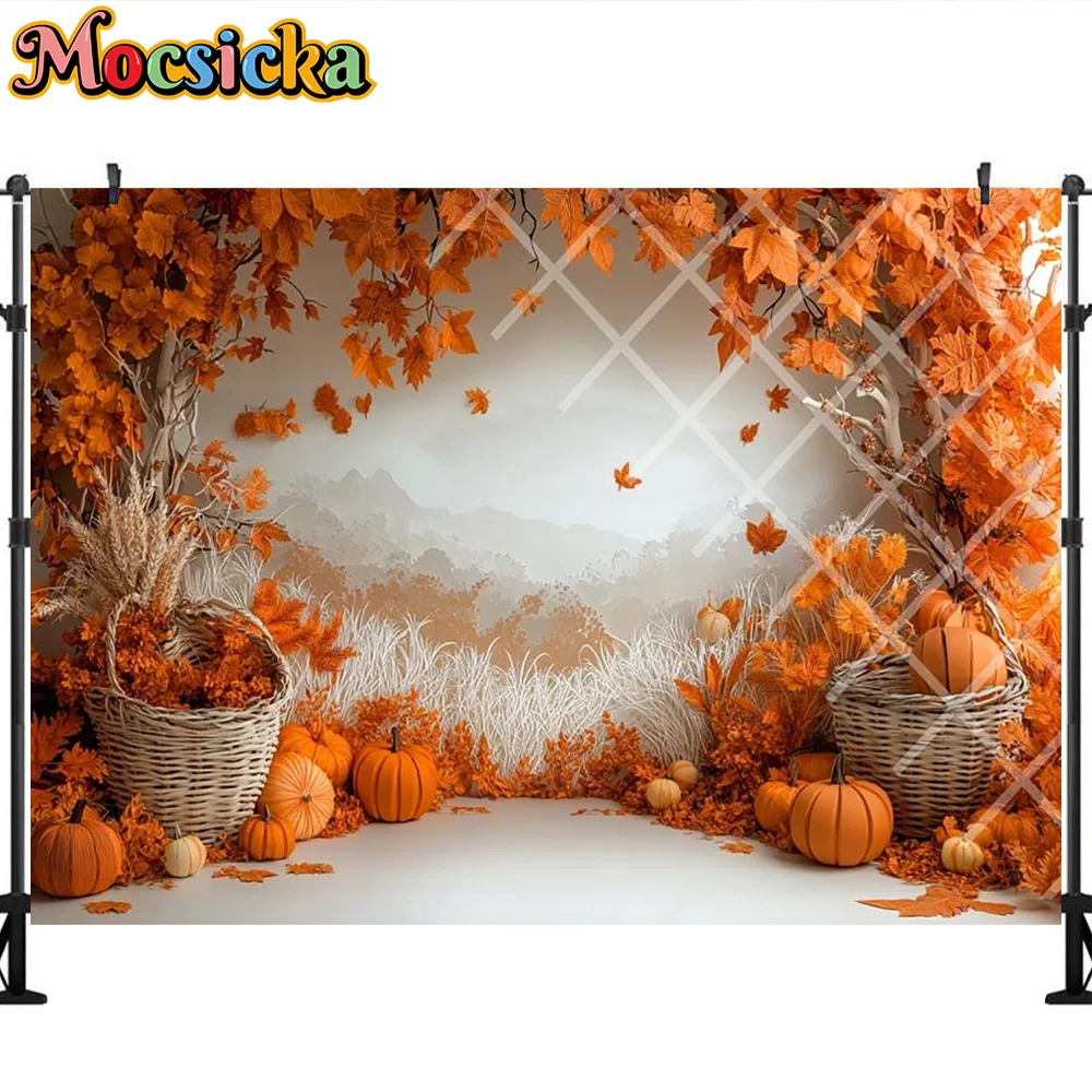 Mocsicka Photography Backdrop Autumn Harvest Floral Pumpkin Decoration Kid Thanksgiving Day Portrait Backgrounds For Photographs
