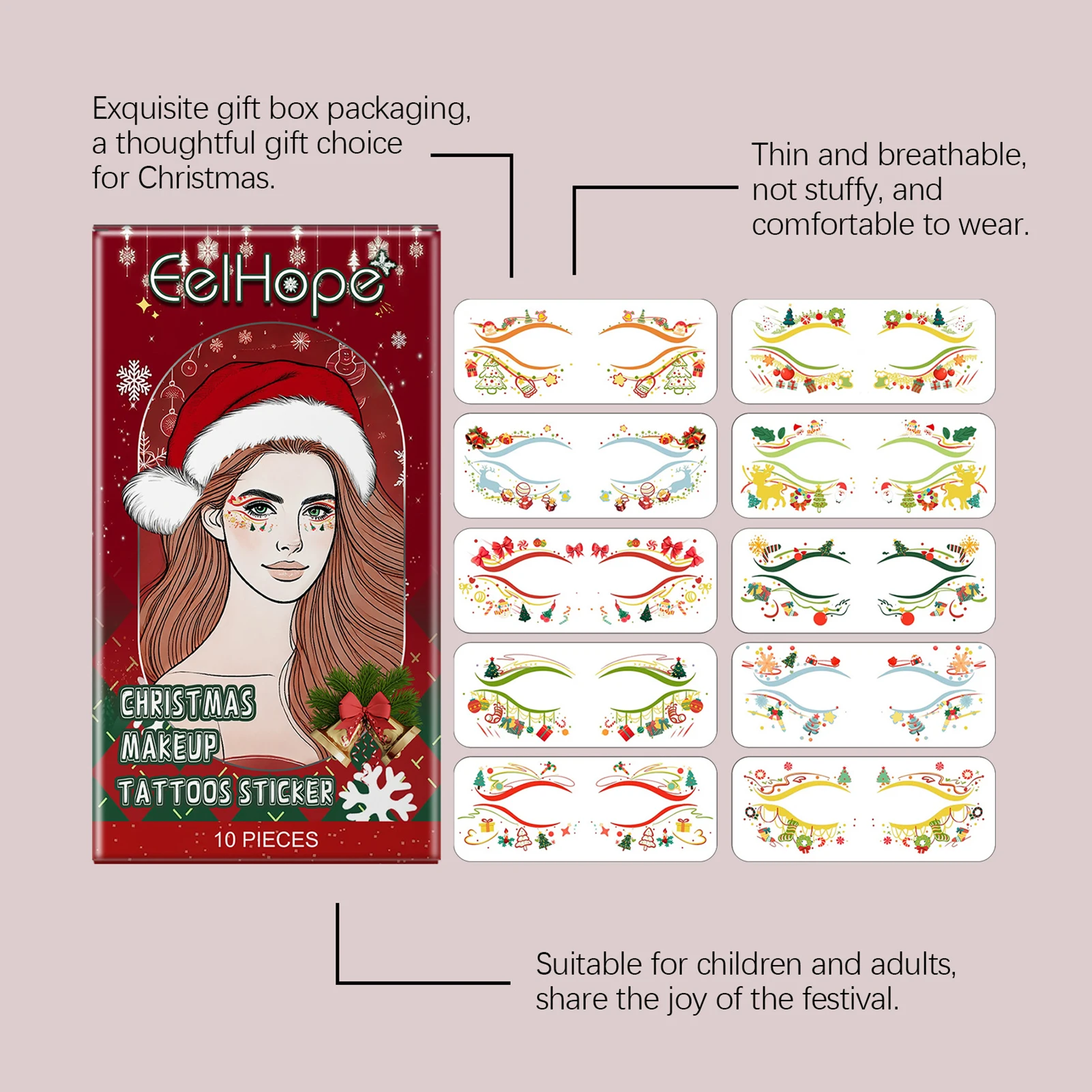 Adhesivo de tatuajes temporales para ojos, tatuajes temáticos navideños de larga duración para suministros de recuerdo de fiesta