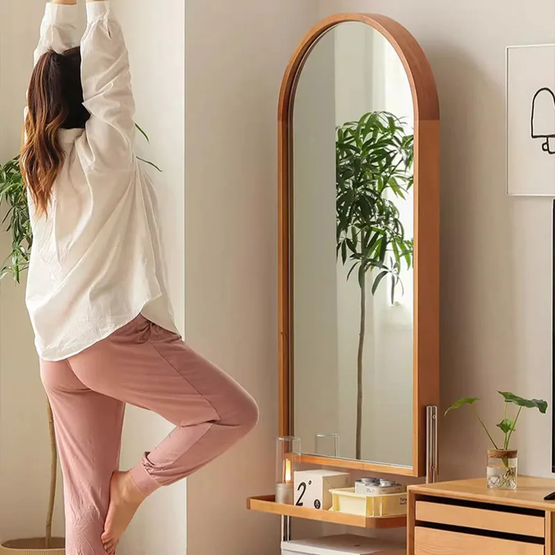 dressing mirror multifunctional solid wood full body mirror Japanese arched floor standing mirror movable shelf magazine rack