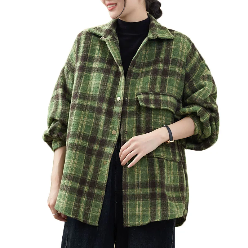 Angola Red Plaid Woolen irt Jaet Women's plus Size Slimming Meat Covering Medium Length irt Top Polyester Fiber 00%