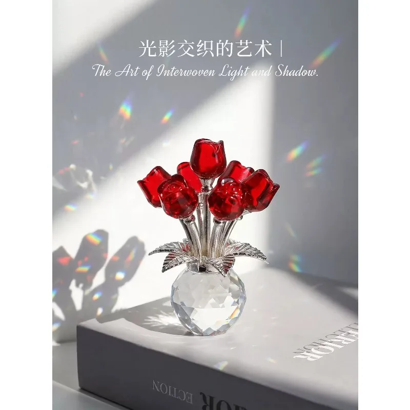Red Crystal Rose Figurine Ornament Romantic Gift For Birthday Valentine Wedding