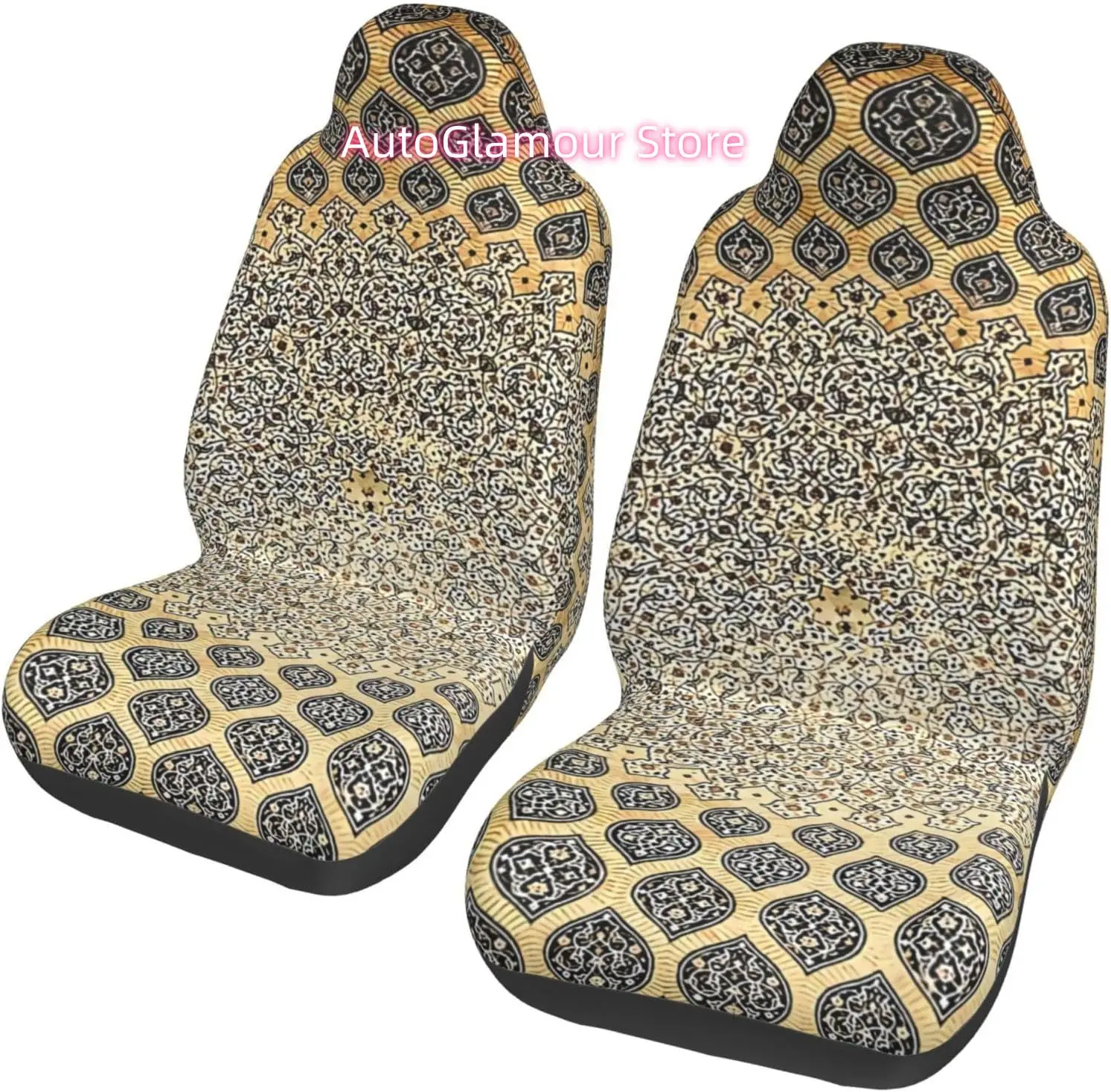 Golden Floral Moroccan Pattern 2-Piece   Seat Cover Complete Set - Elastic Seat Protection Cover for Cars, Trucks,