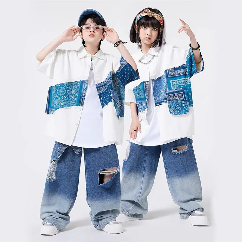 Kid Hip Hop Clothing White Blue Print Patchwork Shirt Top Denim Blue Strap Ripped Jeans Pants for Girl Boy Dance Costume Clothes