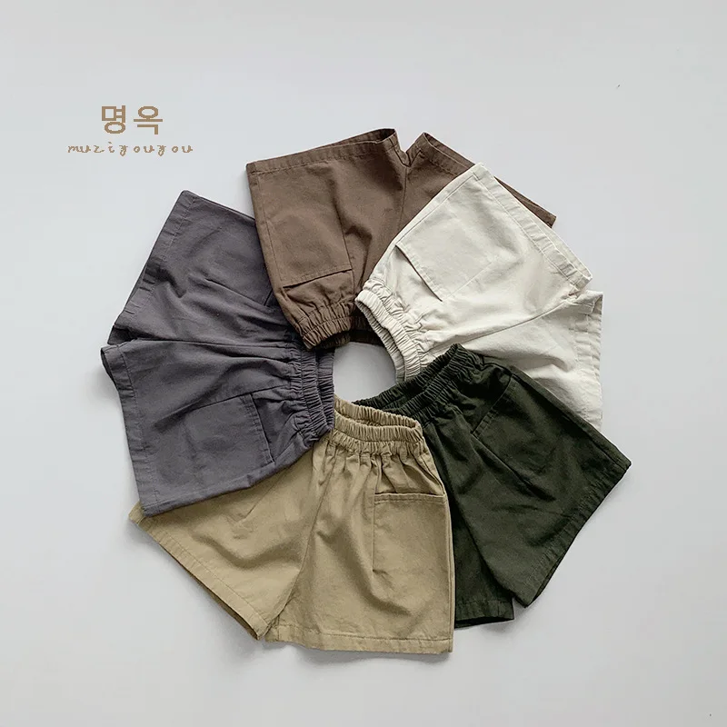 2024 Summer New Children Vintage Solid Color Shorts For Boys Girls Casual Shorts Loose Baby Pocket Short Pants Kids Clothes