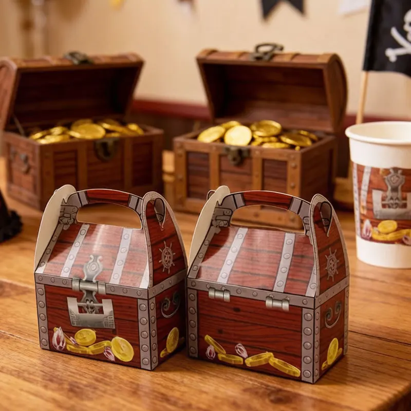Pirate Treasure Chest Treat Box Paper Cardboard,Decoration Party Favor Goodie Candy Box Grab Bag,Fun Treasure Chest Treat Boxes view 6