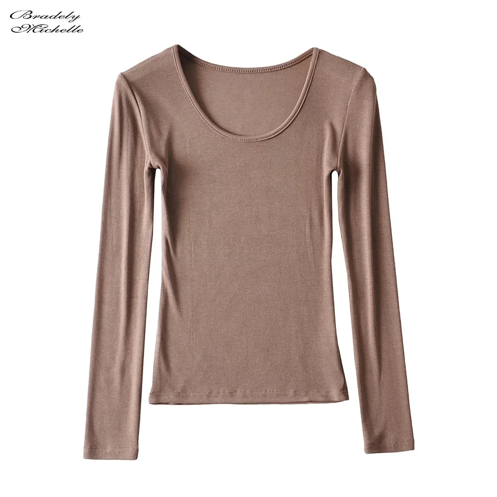 BRADELY MICHELLE Made Women Clothing Tops Fit Casual Elastic Cotton Solid O-neck Full Sleeve T-shirt Women