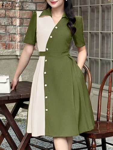 Vestidos elegantes de retazos para mujer ZANZEA 2025, vestido de verano elegante con cuello de solapa, vestido veraniego plisado de manga corta, Vestidos de trabajo informales