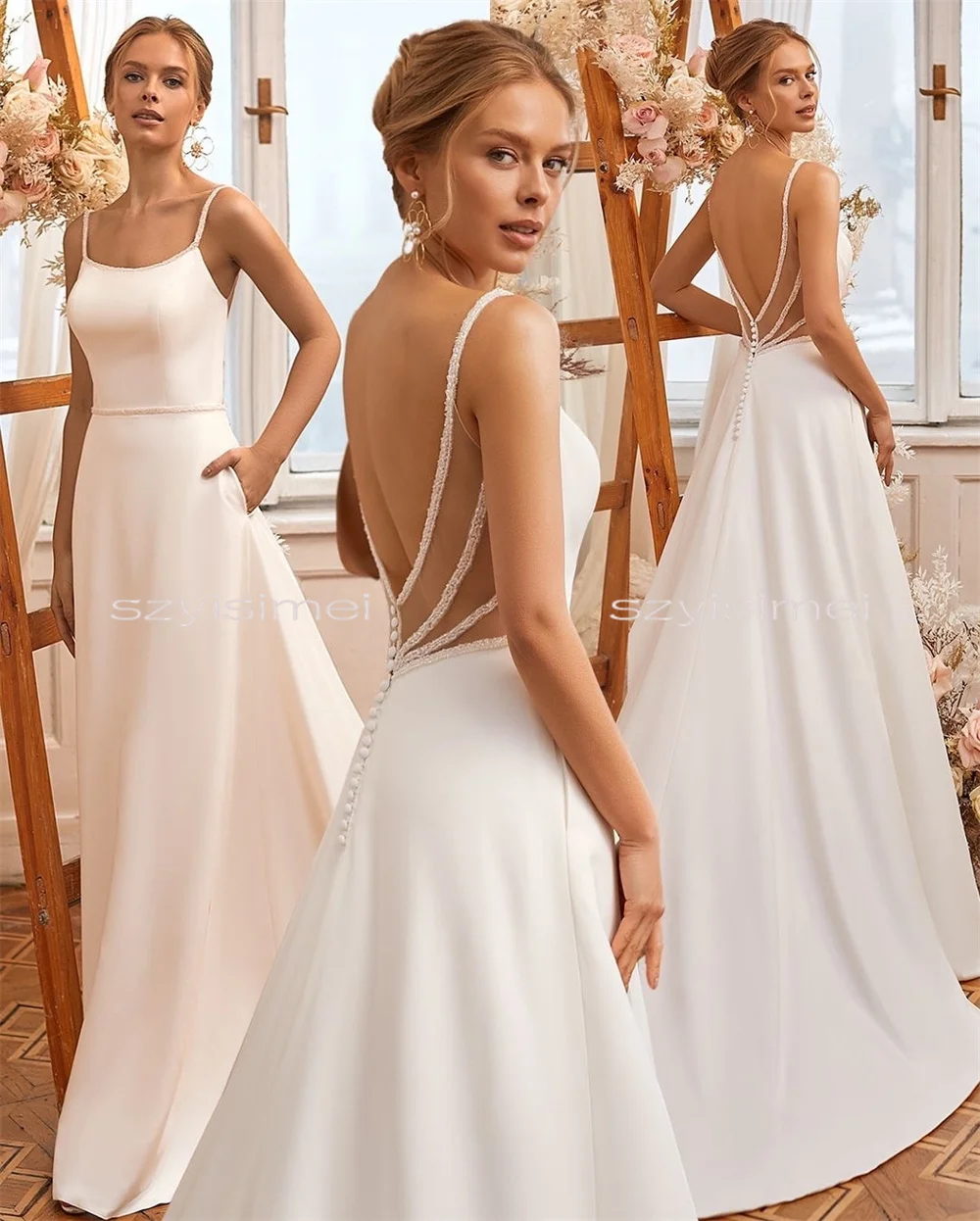 Vestidos De novia De satén suave con cuentas y tirantes finos elegantes, vestidos De novia hechos a medida con espalda descubierta, Vestido De novia 2026